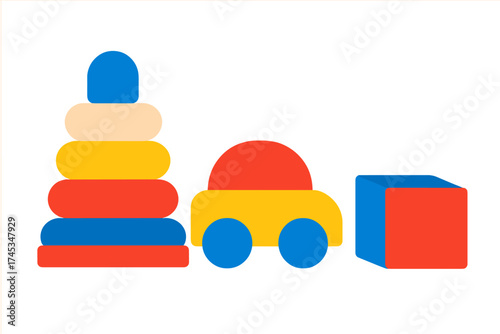 Primary colored children's toys set including stacking rings, toy car, and building block