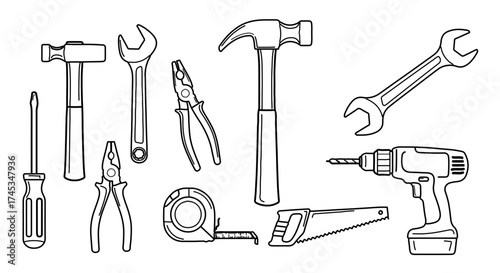 Hand drawn set of construction tools, including hammer, wrench, pliers and drill
