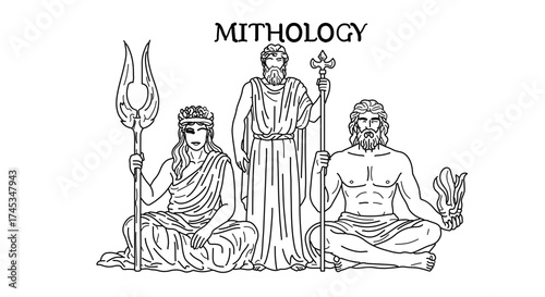 Illustration of greek mythology gods zeus poseidon and hades, line art style