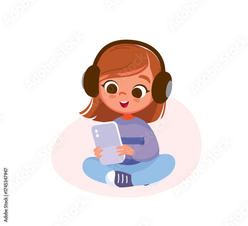 Child girl wearing gadget headset sitting in lotus pose, listening music, streaming, holding smartphone in hands. Kid searching, surfing, and watching the internet using a gadget. Child browsing data.