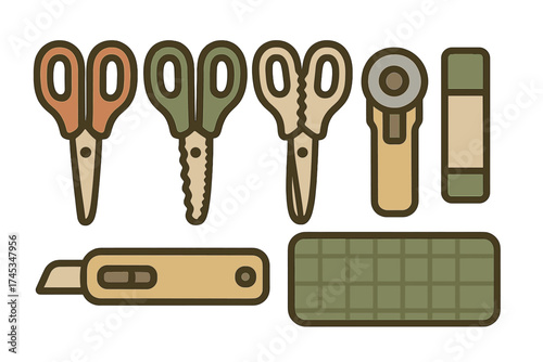 Assortment of essential crafting and cutting tools including multiple types of scissors, rotary cutter, and utility knife