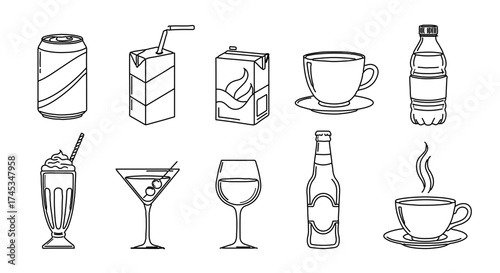 Outline drawing of various drinks, including soda, juice, coffee, and alcohol