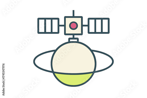 Simple graphic icon depicting a communication satellite orbiting a celestial sphere in space