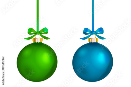 Vector realistic green and blue christmas ball ornament with elegant long bow on transparent background.