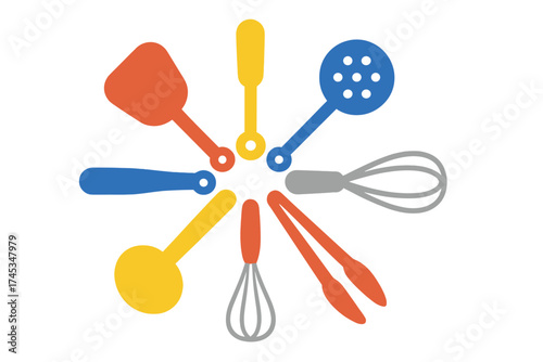 Colorful collection of essential kitchen cooking utensils arranged in a circular pattern