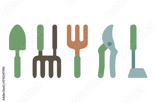 Horizontal arrangement of essential gardening hand tools including trowel, fork, and shears