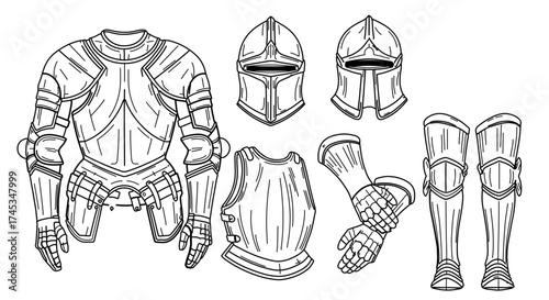 Medieval armor featuring helmet, breastplate, gauntlets, and greaves in line art