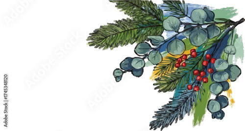 Hand-Drawn Watercolor Christmas Foliage Corner Border: Eucalyptus, Fir, and Holly with Copy Space