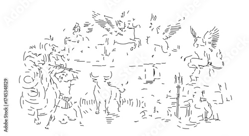 Intricate line drawing depicting mythological figures and creatures, ancient scene