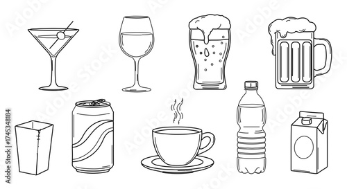 Hand drawn sketch of various drinks, including beer, wine, coffee and juice