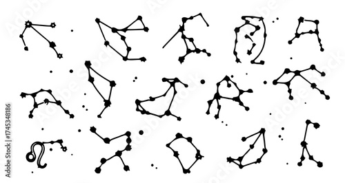 Hand drawn sketch of zodiac constellations, including aries, taurus and gemini