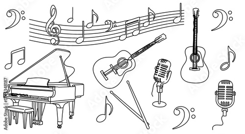Hand drawn sketch of musical instruments, including piano, guitar and microphone