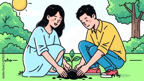 A couple planting a tree together in a park, symbolizing growth and environmental awareness