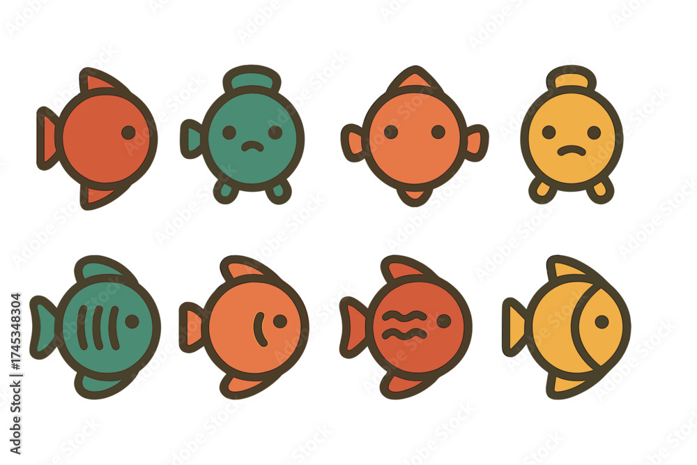 Obraz premium Eight stylized aquatic animal icons displaying various emotions and expressions