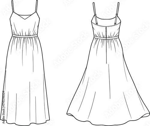 Sleeveless spaghetti strap dress technical flat sketch, front and back view, v-neckline, fitted bodice, flared 