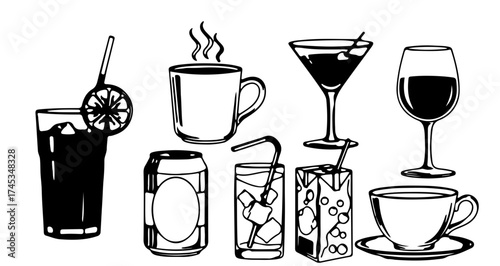 Collection of hand drawn beverages, including coffee, juice, and alcoholic drinks