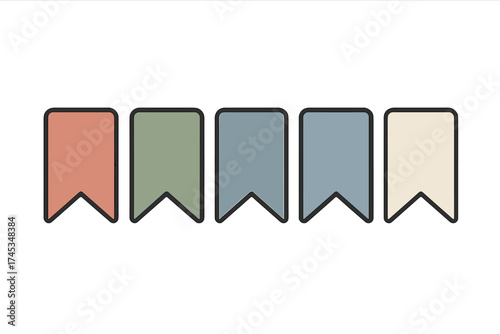 Five simple banner shapes in a row with a muted color palette and thick black outlines
