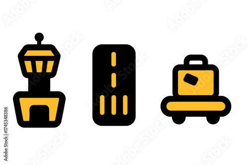 Essential airport travel elements featuring control tower, runway, and luggage cart