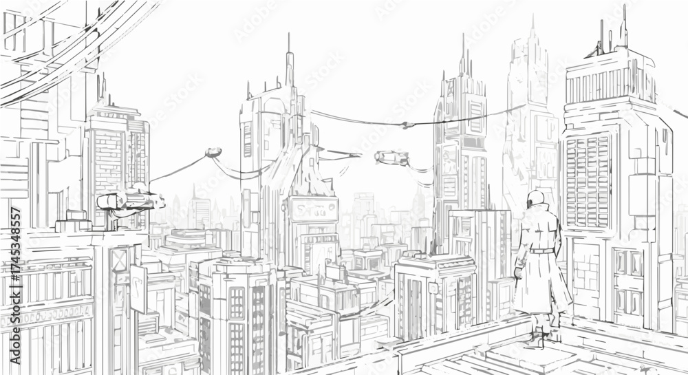 Naklejka premium Sketch of a futuristic city with tall buildings and flying vehicles