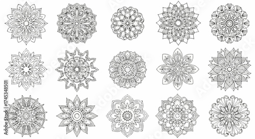 Set of intricate mandala designs, perfect for coloring books and spiritual art