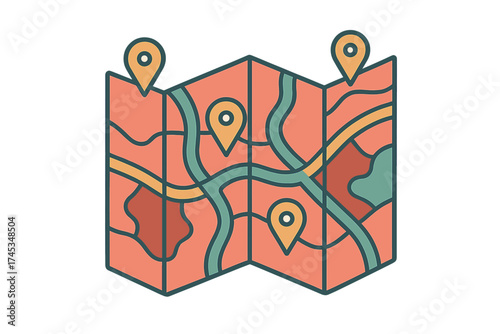 Folded paper map with multiple location pins indicating points of interest or navigation routes