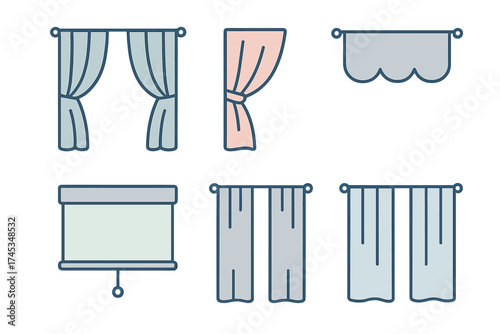 Set of various window coverings including drapes, roller blinds, and valances for home interior design
