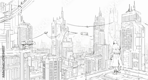 Sketch of a futuristic city with tall buildings and flying vehicles