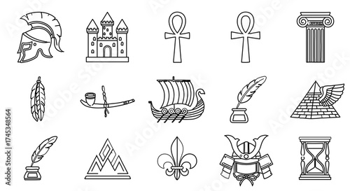 Hand drawn historical and fantasy elements, including helmet, castle, pyramid