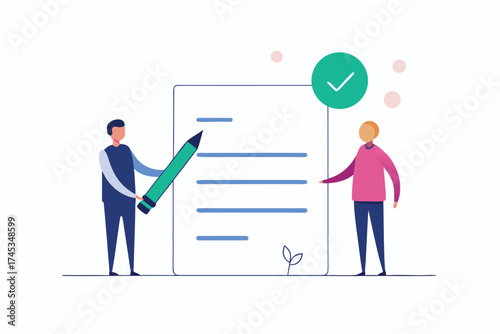 Digital contract agreement between two people confirmed with a checkmark graphic