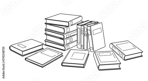 Illustration of a stack of books and several books scattered around