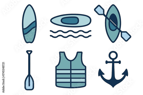 Water sports and boating equipment collection featuring surfboard, kayak, and life vest