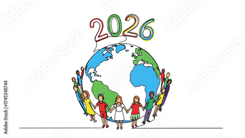 Minimalist Line Art Globe with People and 2026 Text – Global Happy New Year Celebration Illustration