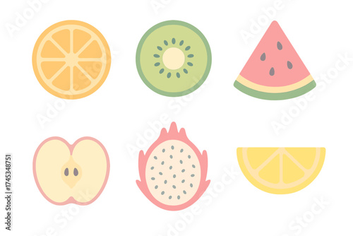 Collection of sliced citrus and exotic fruits in flat design pastel palette