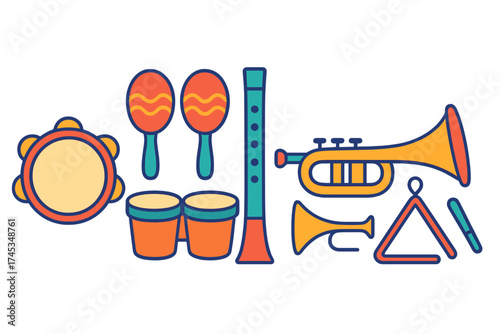Collection of various musical instruments tambourine maracas trumpet flute