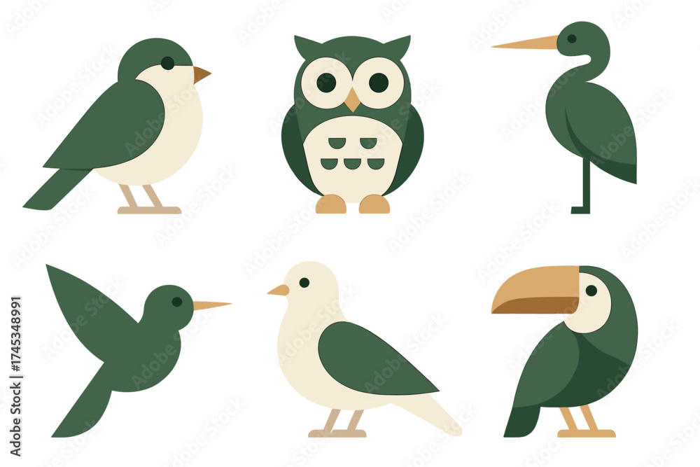 Fototapeta premium Six stylized flat design bird icons including owl, toucan, hummingbird, and heron
