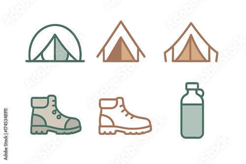 Minimalist outdoor adventure equipment symbols featuring tents hiking boots and canteen