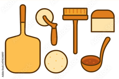Essential kitchen tools for baking pizza including peel cutter brush and ladle