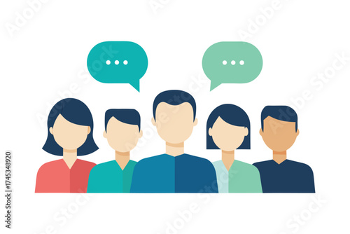 Diverse group of people with speech bubbles, communication and teamwork concept illustration