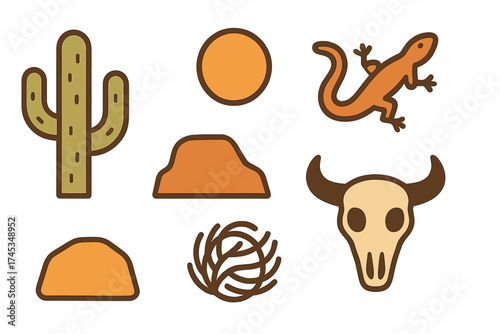 Collection of desert nature symbols including cactus, lizard, bull skull, and tumbleweed
