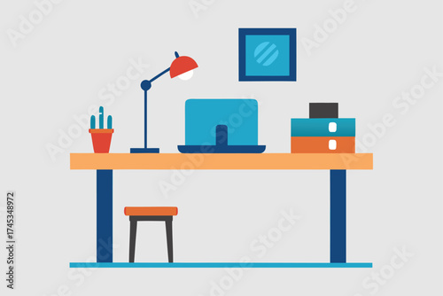 Illustration of a modern desk setup with laptop and desk lamp design