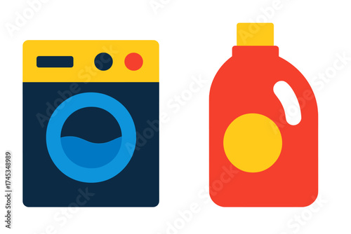 Colorful washing machine appliance and large liquid laundry detergent bottle graphic