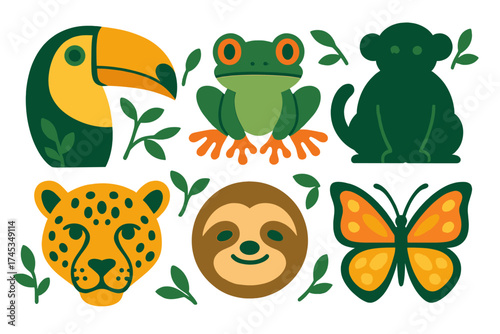 Colorful collection of tropical rainforest wildlife icons in flat graphic style