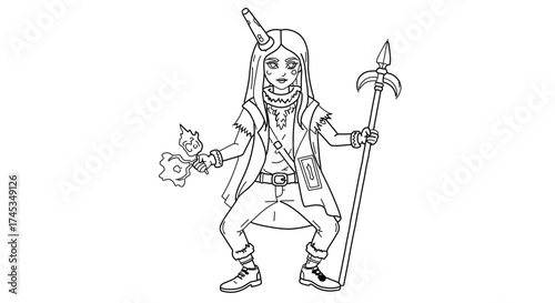 Fantasy character with horn and spear, a whimsical illustration for storytelling