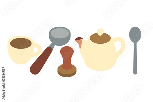 Set of coffee making tools and serving utensils including cup, tamper, and teapot