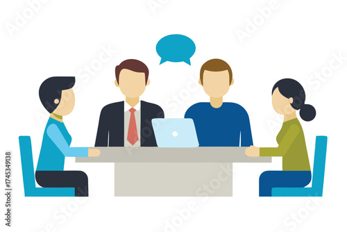 Flat design illustration depicting business meeting and group communication scene