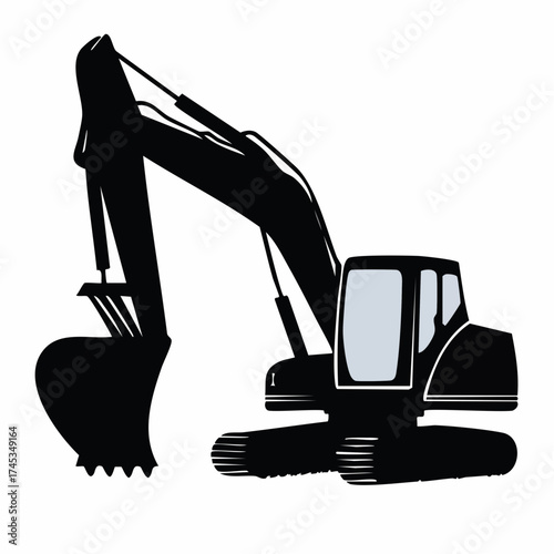 A simple black silhouette icon of a heavy construction excavator machine isolated on a white background
