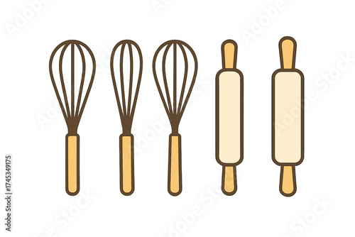 Collection of essential baking tools including three wire whisks and two wooden rolling pins