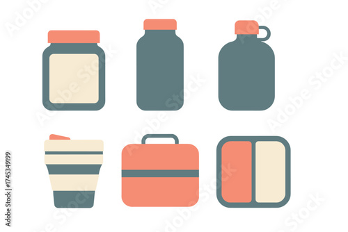 Set of sustainable reusable containers including jars bottles lunch boxes and travel mug