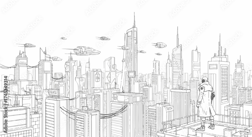 Futuristic city skyline with flying vehicles in black and white vector art