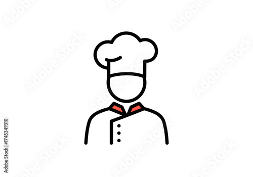 Stylized chef icon with white toque and red collar minimalist line art illustration professional culinary uniform.